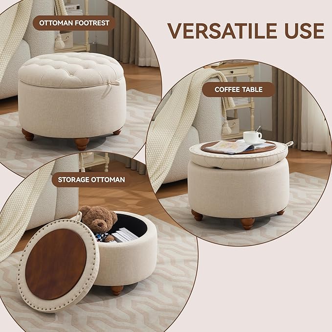 WUTUTUEE 24Inch Round Storage Ottoman with Tray, Modern Tufted Fabric Circle Coffee Table with Storage, Upholstered Ottoman with Removable Top for Living Room, Bedroom, Khaki