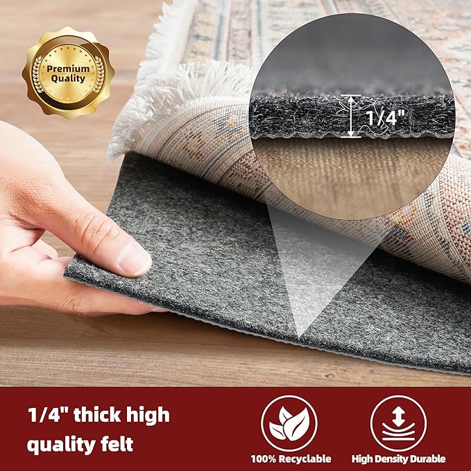 BAGAIL Felt and Natural Rubber Backing Rug Pads 1/4” Thick, 8 x 11 Ft Non Slip Rug Gripper Keep Rugs in Place, Under Area Rug Protective Cushioned Pads, Carpet Runners, Hardwood Floors Protection