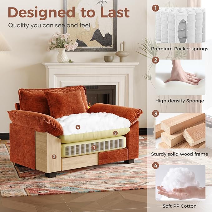 HUSFU Oversized Accent Chair, 49.5'' W Chenille Cloud Sofa Chair with Deep Seat and Extra Wide Armrests, Comfy Reading Armchair for Bedroom, Living Room, Terracotta Orange