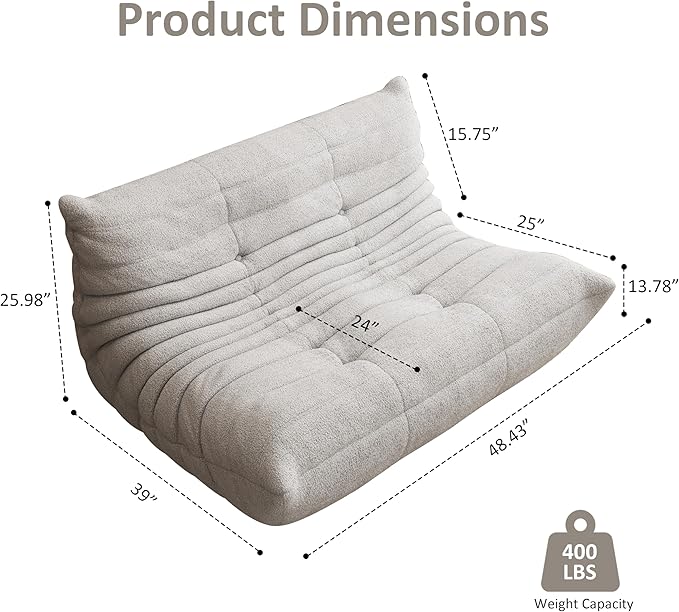 Bean Bag Chair, Oversized Loveseat Fireside Chair for Adults, 2 Seater with Memory Foam Filled, Lazy Sofa Lounge Floor Sofa for Living Room, Bedroom, Office, No Assembly Required. (Grey)