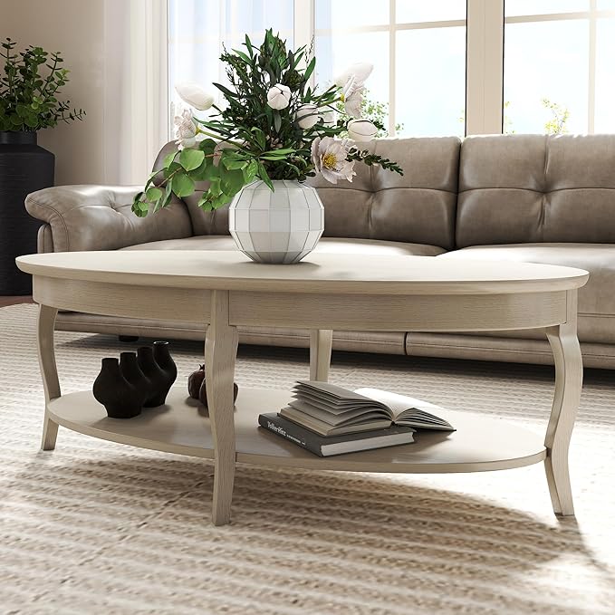 LZAREAL Coffee Table with Storage Oval Solid Wood Coffee Table Antique Farmhosue Living Room Table Rustic Center Table for Living Room Guest Room Reception Room Waiting Room, Faded White Color