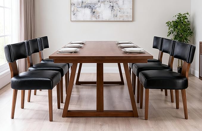 RIVOVA Mid Century Modern Dining Chairs Set of 6 PU Leather Upholstered Side Chairs, Modern Kitchen Armless Parson Chairs Solid Wood Dining Chairs, Black