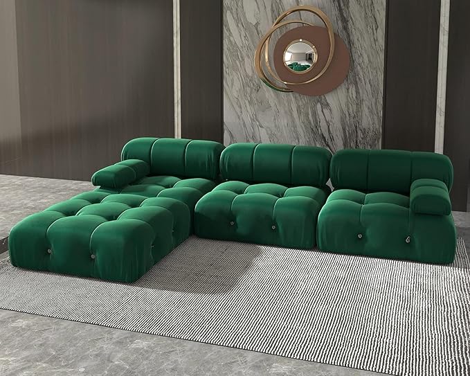 JACH 104" Modular Sofa Sectional Couch, L-Shaped Minimalist Velvet Couches, Mid-Century Comfy Couch with Reversible Chaise Ottoman for Living Room, Apartment (Green)
