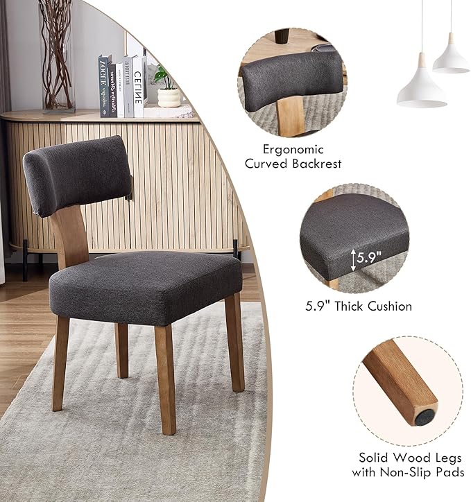 KHISCHMO Mid Century Modern Dining Chairs Set of 4, Upholstered Linen Fabric Chairs with Curved Backrest and Wood Legs, Comfy Kitchen Vanity Chair for Dining Room/Living Room/Kitchen, Grey