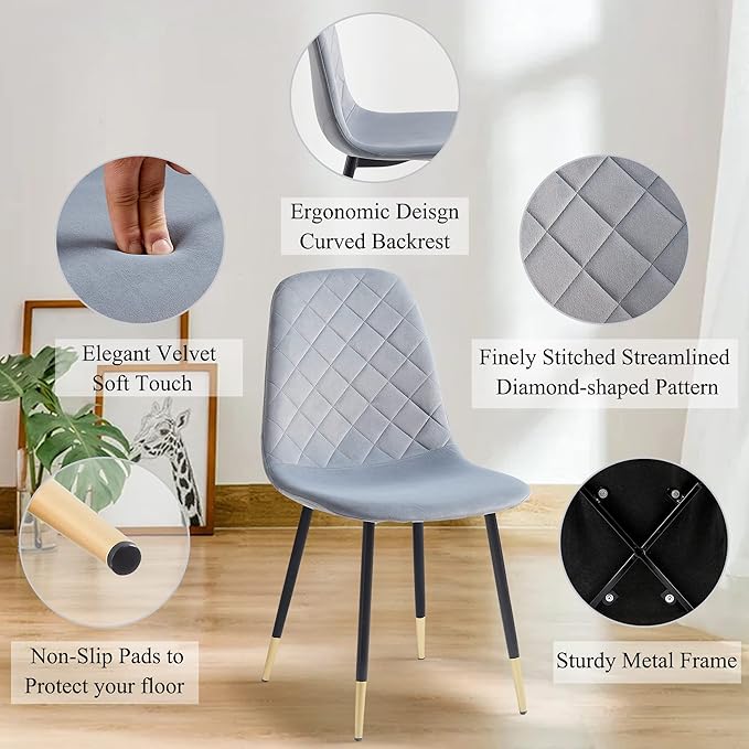 Set of 4 Dining Chair Unique Design Upholstered Velvet Kitchen Chair Ergonomic with Backrest Soft Living Room Chair Armless with Metal Legs for Home, Dining Hall,Restaurant