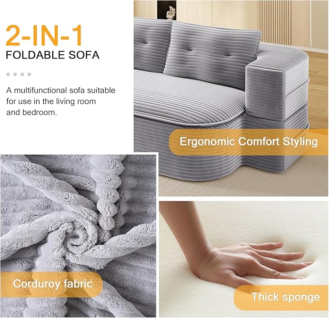 78.7" Convertible Sleeper Sofa Bed, Floor Couch Loveseat with Functional Blanket and 2 Soft Pillows,Corduroy Fabric Boneless Futon Couch for Living Room,Bedroom,Apartment (Light Grey)