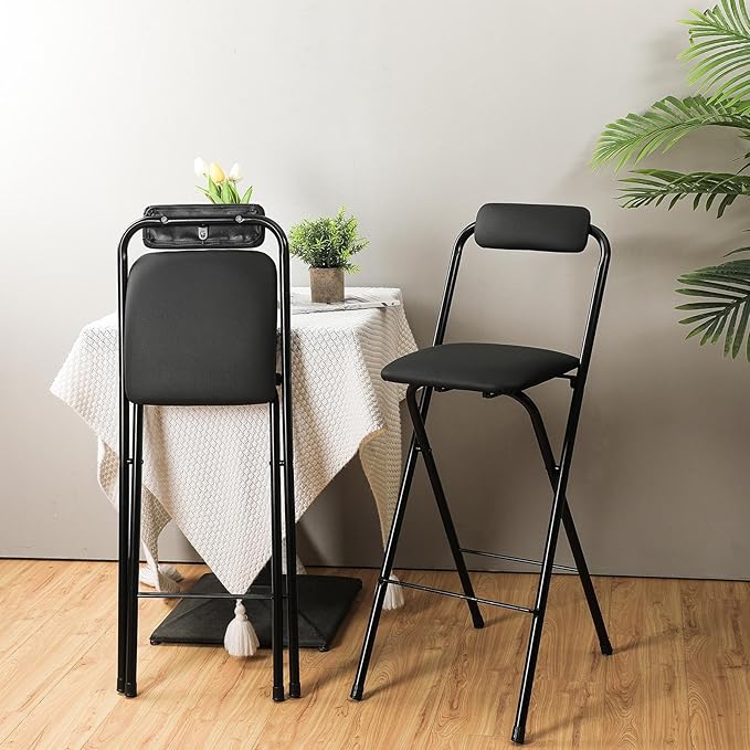 Thyle 1 Pcs Folding Bar Stool with Backrest, Tall Foldable Stool Chair Portable High Folding Bar Chair Counter Height Seat Leather Padded for Kitchen Island Shop Cafe Dining Room Black (25.5 Inch)
