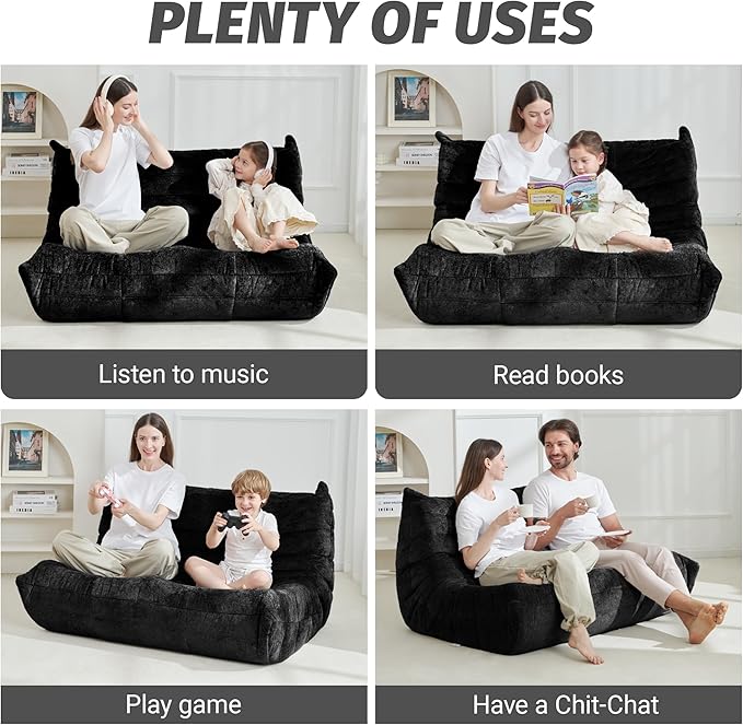 Homguava Bean Bag Chair, Giant Beanbag Chairs for Adults, Memory Foam Fireside Chair, Large Lazy Floor Sofa, Sofa Couch with High-Rebound Foam, Lounge Chair for Living Room, Bedroom (Black, Loveseat)
