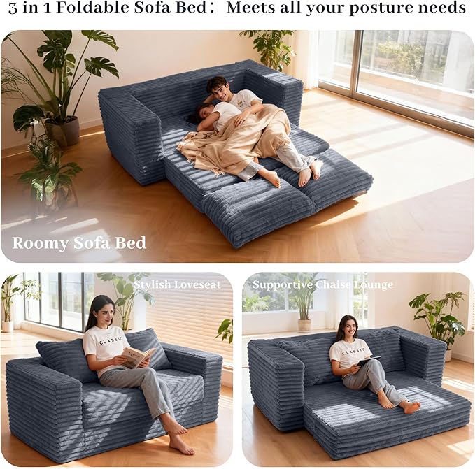 HABUTWAY Convertible Folding Sofa Bed Couch,3 in 1 Pull Out Couch Bed,Loveseat Sleeper Sofa Bed,Boneless Couches with Pillows for Living Room Bedroom, Dark Grey