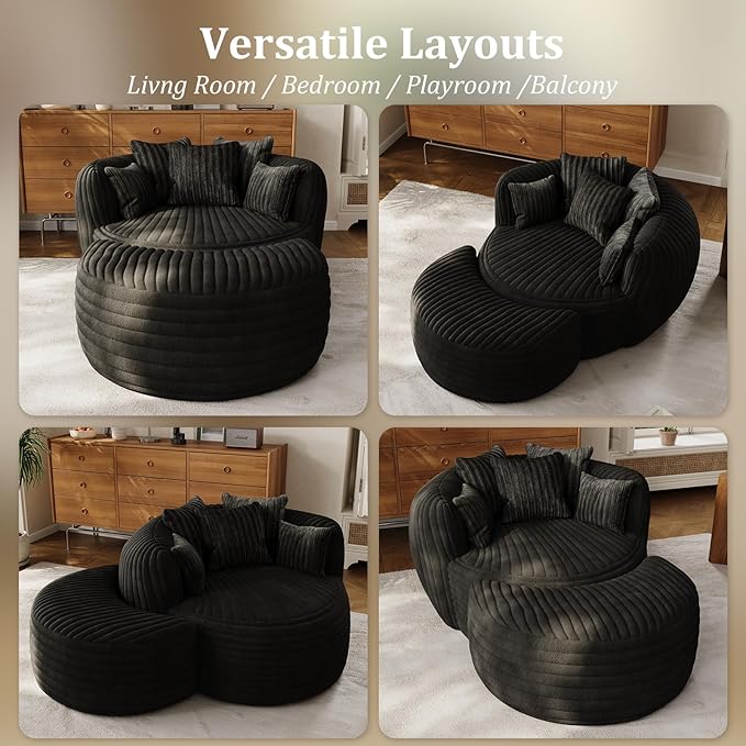 50" W Oversized Round Chaise Lounge Chair with Ottoman Indoor Boneless Plush Fluffy Corduroy Circle Couch Soft Comfy Cozy Cloud Reading Chair for Living Room, Playroom, Bedroom - Black