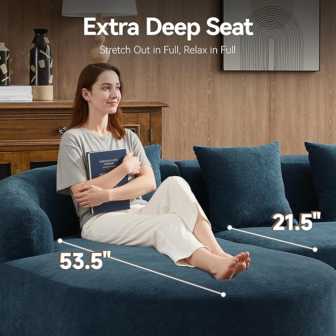 105.5" Boneless Curved Couch, L Shaped 4-Seater Cloud Couch with Deep Seat Chaise, Oversized Curved Sofa, Chenille Modular Sectional Couches for Living Room, No Assembly, Blue