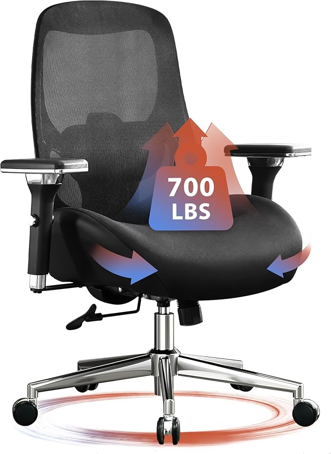 BOSMILLER 700lbs Big and Tall Office Chair with Wide Thick Seat Cushion for Sitting All Day,Ergonomic Mesh Desk Chair with Adjustable Lumbar Support and Headrest for Heavy People,4D Armrests