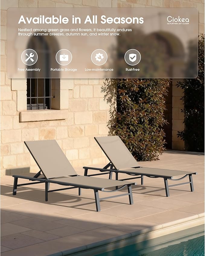 Ciokea Upgraded Aluminum Outdoor Lounge Chair - No Assembly Needed, Foldable Patio Chaise Lounge with 5 Adjustable Positions, Reinforced Frame for Extra Durability, Pool Beach Lounge Chair, Khaki