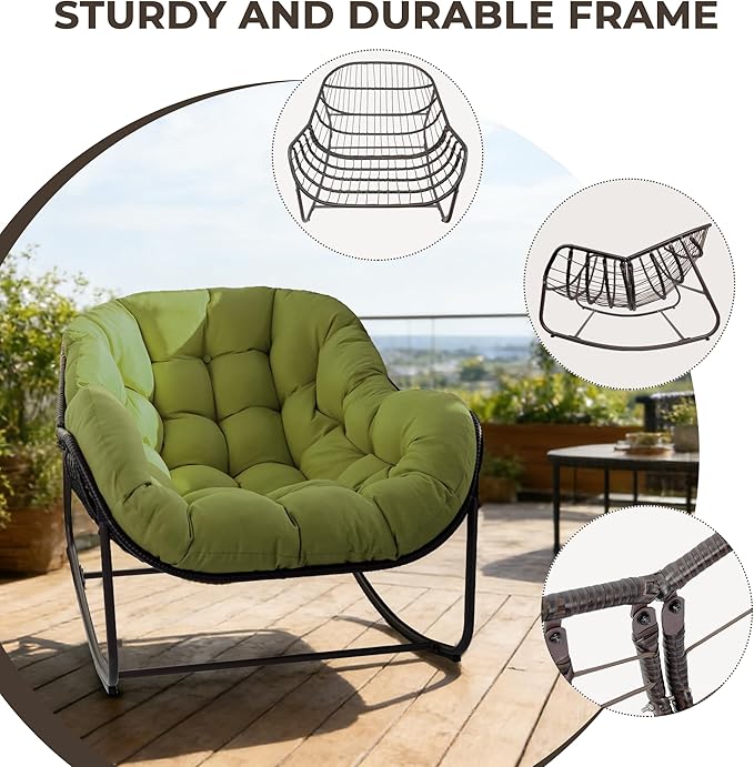Sgentle Papasan Rocking Chair Outdoor, Oversized Patio Rocking Chair with Cushions & Steel Frame, Wicker Egg Lounge Chair Indoor, Comfy Reading Chair for Patio, Deck, Porch (Green, Style 1)