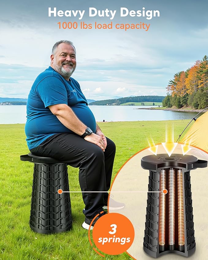 Portable Heavy Duty Collapsible Stool - Wide Seat, Extra Tall & Height Adjustable Stool - Retractable Folding Chair for Camping, Fishing, Hunting & Outdoor Use