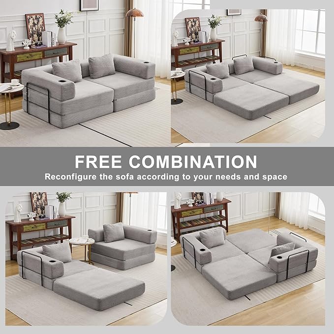 78" Loveseat Sleeper Sofa, 4 in 1 Convertible Floor Sofa Bed, Boneless Cloud Couch with Cup Holder, Fold Out Floor Couch for Living Room Bedroom Lounge, Corduroy, Light Grey