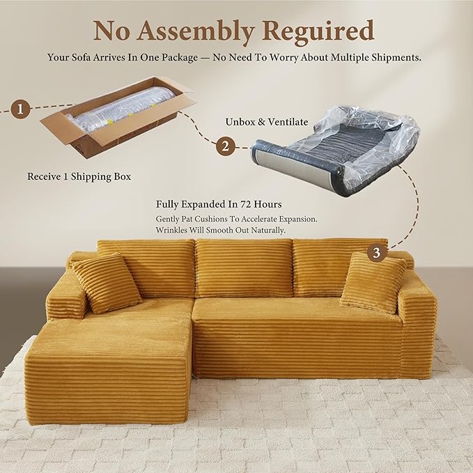 105" Sectional Couches for Living Room Cloud Couch Sofa with L-Shape Upholstered Boneless Couchs Modern Modular Sectional Couch with Chaise (Yellow, 105" W+Left Facing Chaise+2Seaters)