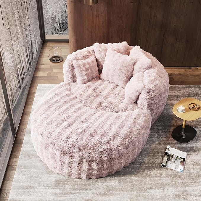 Oversized Chaise Lounge Chair Indoor with Ottoman 55" W x 75" L Round Reading Chair Plush Faux Fur Corduroy Cloud Circle Boneless Chair with 5 Pillows for Living Room - Pink