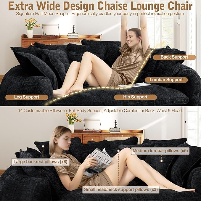 82'' Oversized Upholstered Sofa Bed, Round Chaise Lounge Chair Indoor, Modern Chenille Boneless Couch, No Assembly Required, Plush Sleeper Chair with 14 Pillows for Living Room, Black