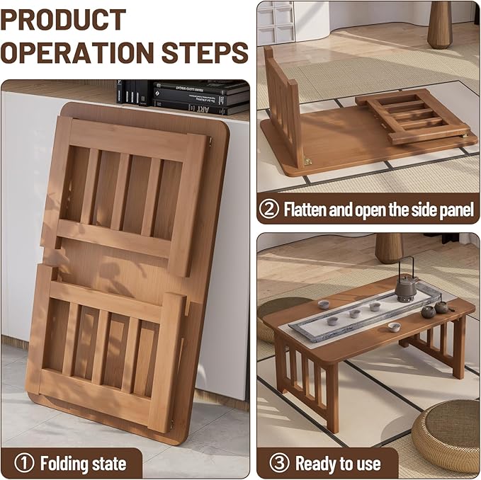 Japanese Folding Floor Coffee Table, Bamboo Foldable Low Table for Sitting On The Floor No Assembly Portable Tea Table Chabudai Table for Tatami, Bay Window, Meditation, Altar (Walnut)