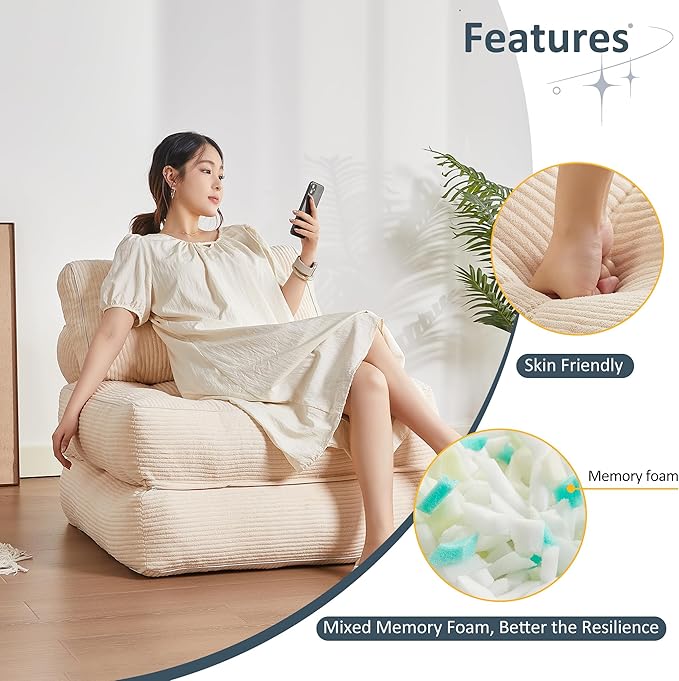 Afuson Folding Chair Bed, Futon Sofa, Floor Couch for Adults Chair for Living Room, Lounge Sofa, Convertible Sofa Bed, Small Couches for Small Spaces, Beige