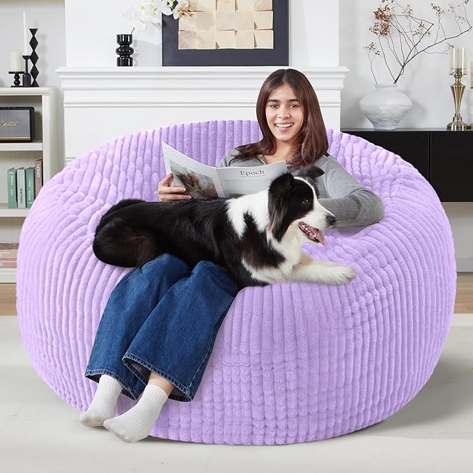 Homguava 5 FT Bean Bag Chair,5' Big Bean Bag,Giant Bean Bag Chairs for Adults with Memory Foam Filled,Comfy Large Beanbag Chairs Soft Bean Bag Sofa with Dutch Corded Plush Cover-Purple