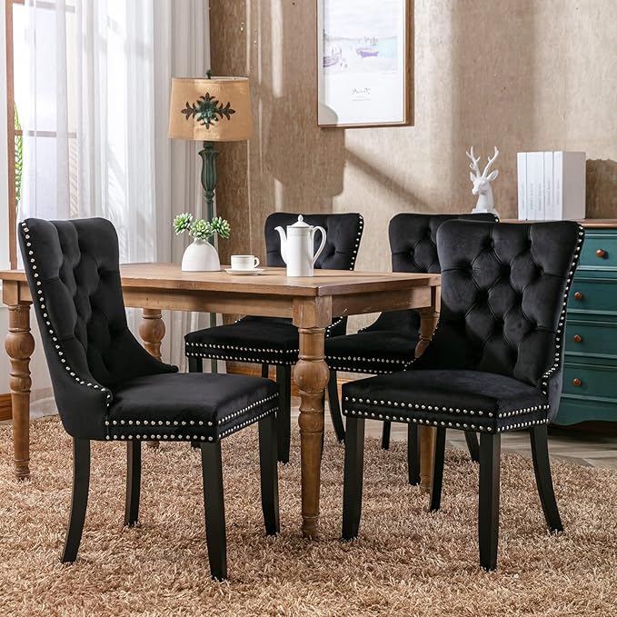 YeahFurn Black Mid Century Modern Dining Chairs Set of 6, Velvet Upholstered Kitchen & Dining Room Chairs with Nailhead Trim & Solid Wood Legs, Elegant Sillas De Comedor (Black, 6 Pcs)