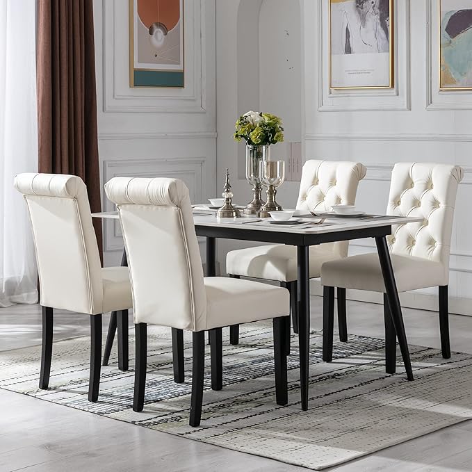 chairus Dining Chairs Set of 4 Mid Century Modern Living Room Chairs with Button Tufted High Back PU Leather Armless Chair Comfy Upholstered Side Chairs for Kitchen/Restaurant/Bedroom, Cream White