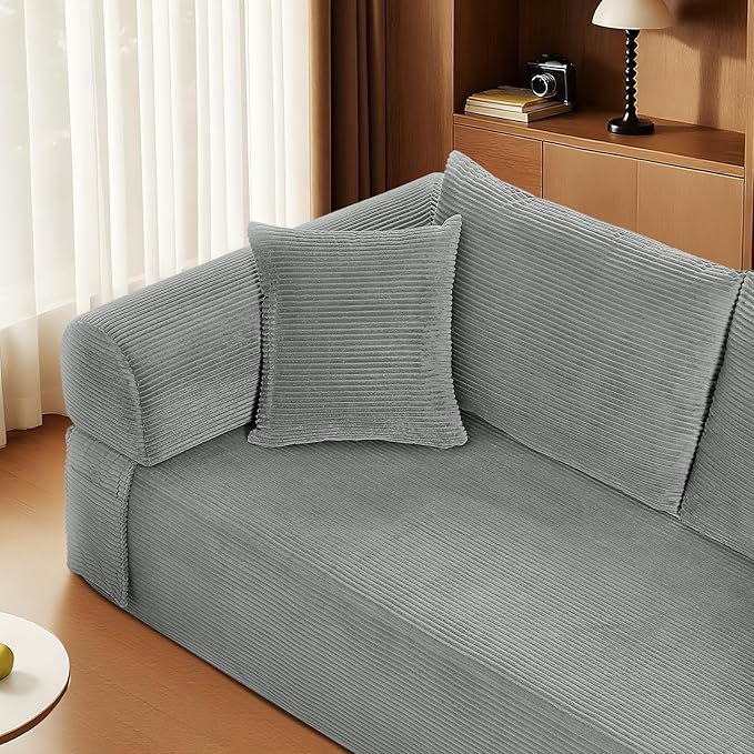83" Sofa in a Box, 3 Seater Couch No Assembly Boneless Sofa Bed with Cushion Back 2 Pillows Deep Seat Corduroy Fabric Side Storage Pockets for Living Room, Bedroom, Apartment, Office, Light Grey