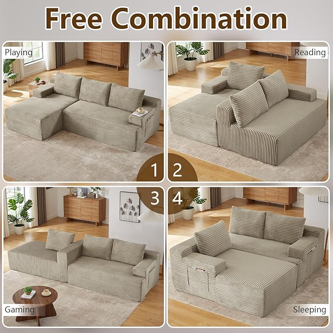 96.1" Modular Sectional Sofa Couches L-Shape Couch 3 Seat Modular Sofa Corduroy Memory Foam Sectional Boneless Couches for Living Room, Cloud Couch with Oversized Chaise(Camel, Left Facing)