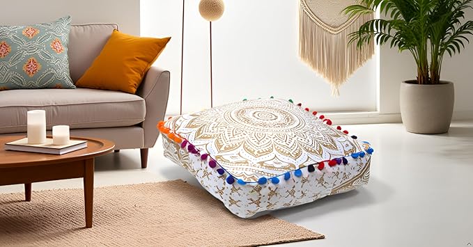 CRAFT KALA 16" Square Large Hippie Mandala Meditation Floor Ottoman Pillow Cushion Pouf Cover Square Poufs Bohemian Circle Floor Cushion Case Outdoor Fireplace Living Room Decor Cover Golden Ombre