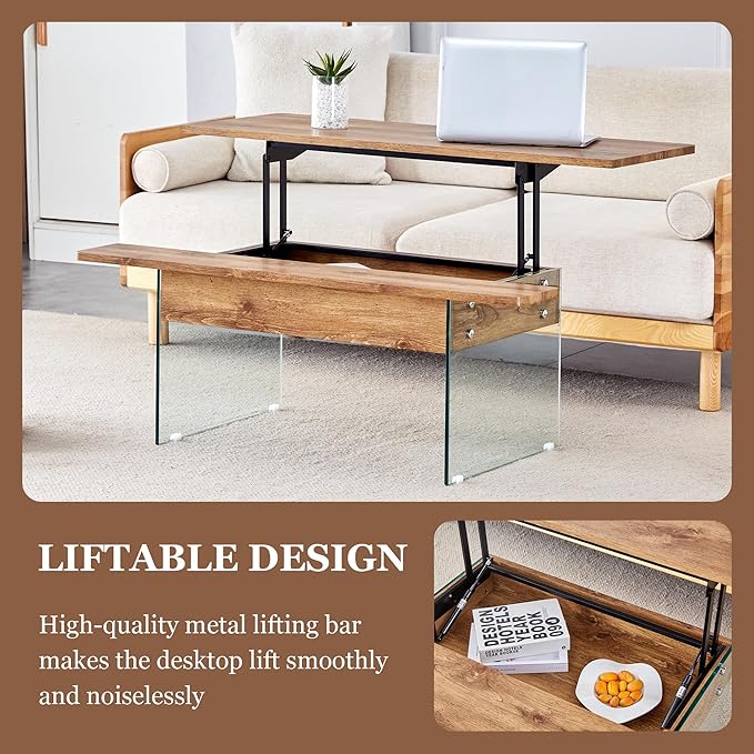 HanStrong 43.3" Lift-Top Coffee Table with Storage,Marble & Tempered Glass Space-Saving for Living Room,Office,Natural