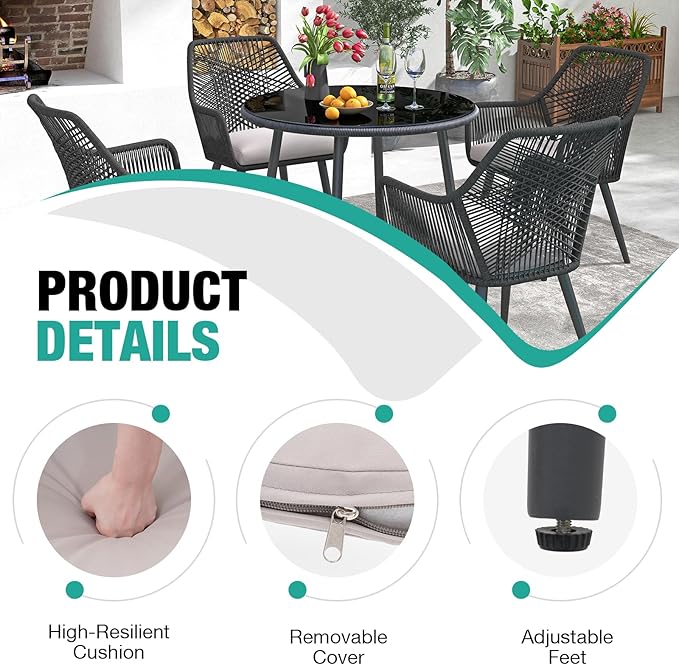 Patiorama Patio Dining Chair Set of 6, Woven Rope Outdoor Dining Chairs w/Steel Frame, All-Weather Twisted Rattan Chairs w/Armrest & Cushion, Outdoor Dining Wicker Chairs for Backyard Garden(Black)