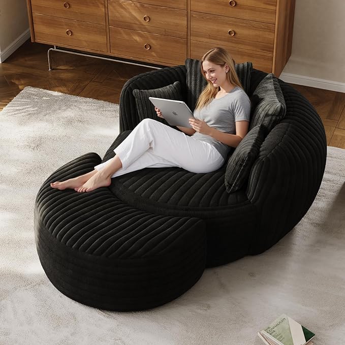 50" W Oversized Round Chaise Lounge Chair with Ottoman Indoor Boneless Plush Fluffy Corduroy Circle Couch Soft Comfy Cozy Cloud Reading Chair for Living Room, Playroom, Bedroom - Black