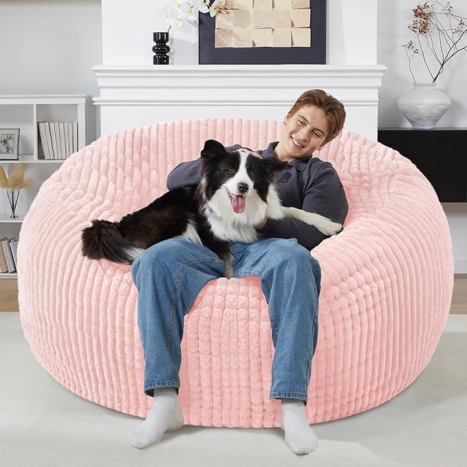 Homguava 6 FT Bean Bag Chair,6' Big Bean Bag,Giant Bean Bag Chairs for Adults with Memory Foam Filled,Comfy Large Beanbag Chairs Soft Bean Bag Sofa with Dutch Corded Plush Cover-Soft Pink