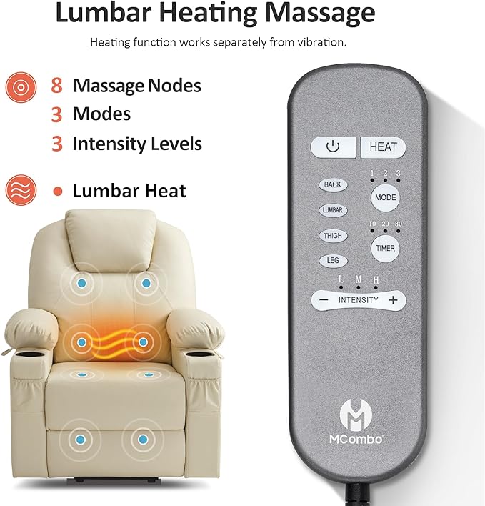 MCombo Large Power Lift Recliner Chair with Massage and Heat for Tall Elderly People, 3 Positions, Cup Holders, and USB Ports, Faux Leather 7516 (Large, Cream White)