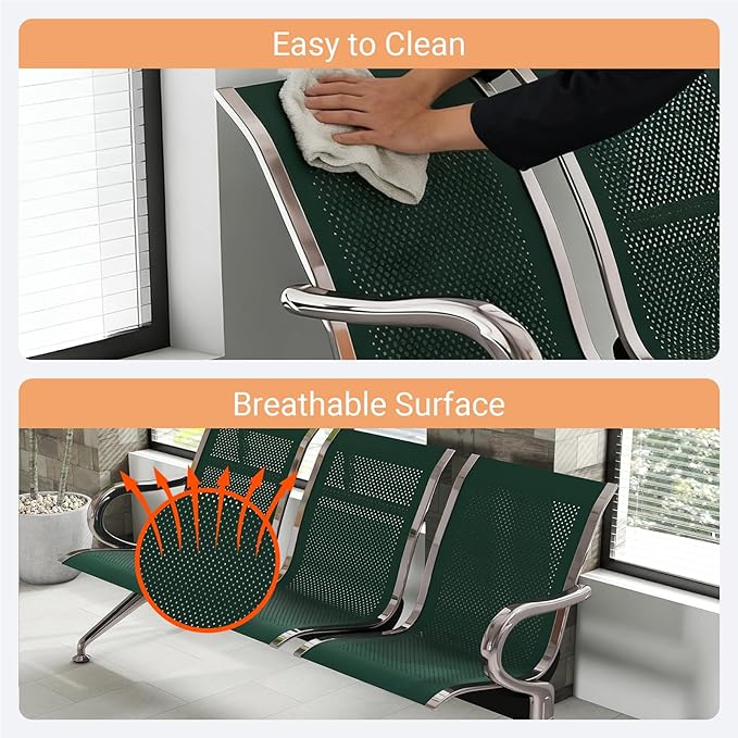 Kinfant 3-Seat Waiting Room Chair - Office Guest Reception Chairs with Ergonomic Backrests, Airport Waiting Bench with Armrests, Metal Waiting Furniture for Hospital, Bank (Dark Green, Set of 2)