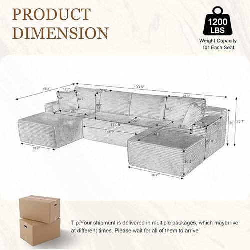 134 Inch Modular Sectional Sleeper Sofa, Boneless Cloud Couch for Living Room, U Shaped 5 Seat Sofa with 2 Storage Pockets& 2 Cup Holders, Free Combination, No Assembly Required (Light Grey)