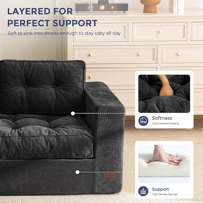 MAXYOYO Boneless Sofa Couch, Loveseat Sofa for Small Space, Tufted 3-Seater Floor Couch Bean Bag Chair for Living Room Bedroom Apartment, Sofa in a Box, No Assembly Needed, Black