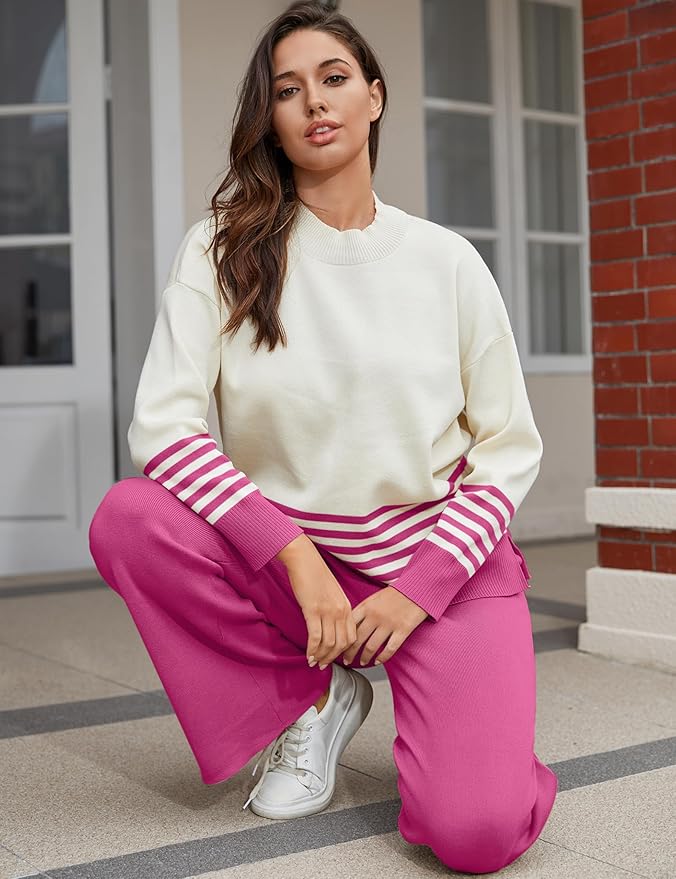 Tanming Women's Lounge Sets 2 Piece Outfits Knitted Pullover Sweater Tops Wide Leg Pants Tracksuit