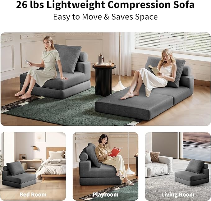 Folding Sofa Bed – Convertible Sleeper Chair Bed with Pillows/Single Floor Couch/Small Futon Couch Filled with High-Density Foam for Lounge, Guest Room or Office (Gray)