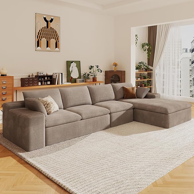 136" Cloud Sectional Couch with L-Shape Chaise, Corduroy Viral Boneless Sofa for Living Room,Modern Memory Foam Couches in a Box with Deep Seat,No Assembly Required (Camel,Right-Facing Chaise)