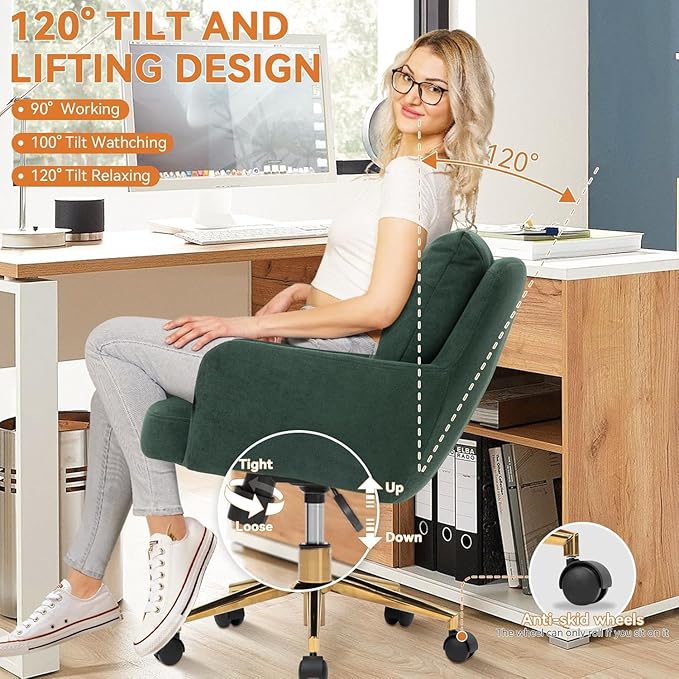 BALIAA Flannel Office Chair, Comfy Home Office Desk Chairs with Lumbar Support, Modern Velvet Desk Chair Gold Legs Small Swivel Task Chair for Home Office, Bedroom, Study (Green, L)