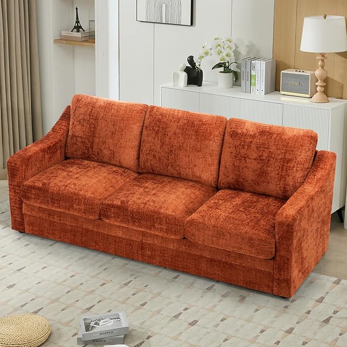 ACMEASE 83 Inches Chenille 3-Seat Sofa w/Comfortable Back Cushions, Modern Sofa w/Deep Seat Space, Upholstered 3 Seater Couch w/High Resiliency Foam for Living Room, Orange