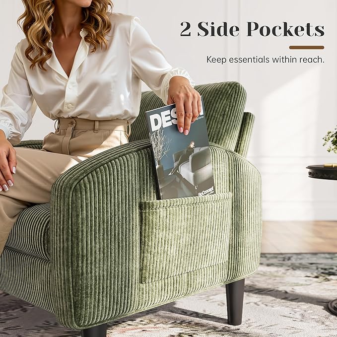 Accent Chair Set of 2, Comfy Mid Century Modern Reading Chair with Side Pockets,Comfy Living Room Chair for Bedroom,Upholstered Armchair for Office, Apartment, Small Room,Green