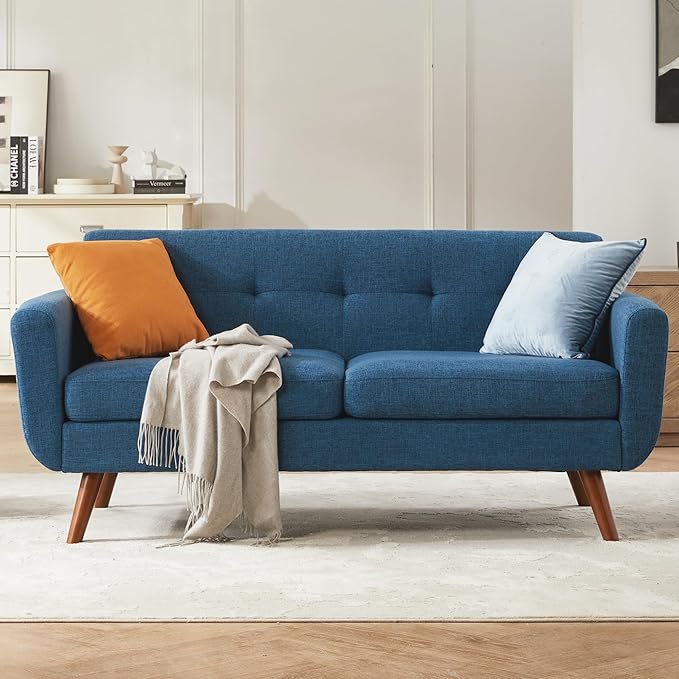 Tbfit 65" W Loveseat Sofa, Mid Century Modern Decor Love Seat Sofas and Couches for Living Room, Button Tufted Upholstered Small Couch for Bedroom, Solid and Easy to Install Love Seats Furniture, Blue | linen fabric, button tufted, solid wood foot, poc...