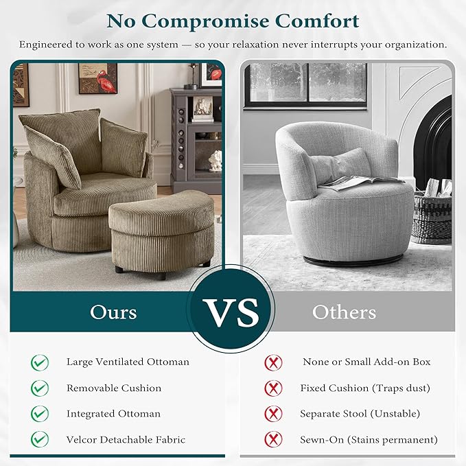 Chorlenimi Swivel Accent Chair Round Barrel Armchair Upholstered Living Room Chair Corduroy Reading Chair Single Sofa Chair for Bedroom Apartment Office (Brown, Upgrade 1Seater+ Ottoman)