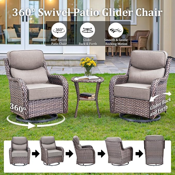Luxury Patio Furniture Set with 42.5" Fire Pit Table, 6 Pieces High Back All Weather Wicker Outdoor Furniture w/ 6-Inch Thick Cushions, Patio Swivel Chairs Couch for Deck Balcony Backyard Brown/Grey