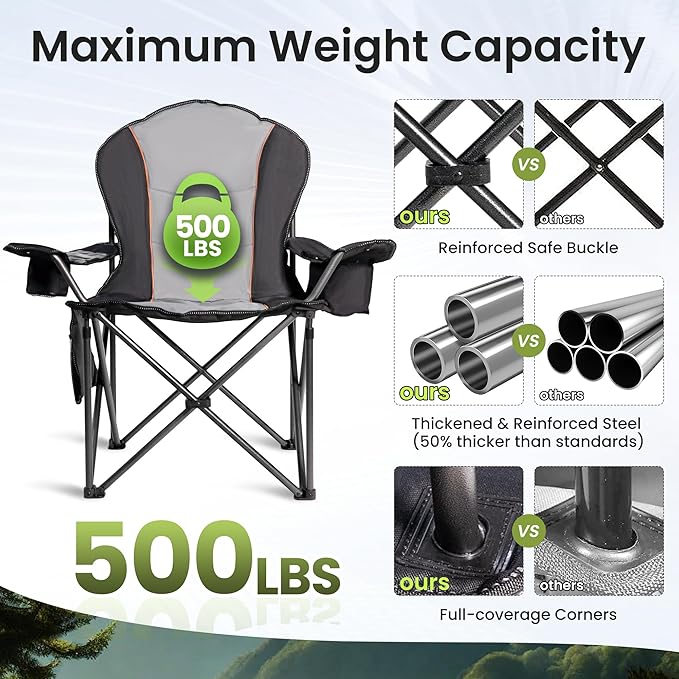 Oversized Camping Chair Heavy Duty- Portable Folding Chair, Cup Holder & Waterproof Phone Case for Adults, Beach, Hiking, Backyard (Black & Light Gray, 1 PCS)