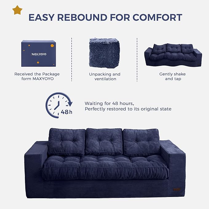 MAXYOYO 3-Seater Boneless Sofa Couch, Tufted Corded Sofa Lounge for Living Room, Comfy Bean Bag Chair High-Density Foam Couch with Pillows, No Assembly Required